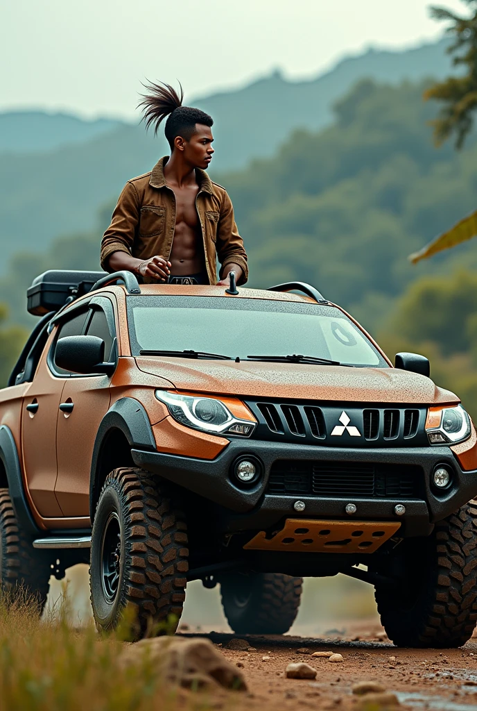 CAR MODEL L200 TRITON WITH A TALL, RICH BRAZILIAN DRIVER WITH SAMURAI MODEL HAIR.