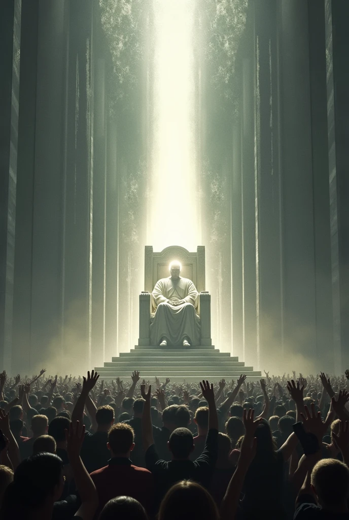Large White Marble Throne Straight Seated Man, in place of the head a strong light From below the throne thousands of people with raised hands many more people Head of very radiant light very strong light