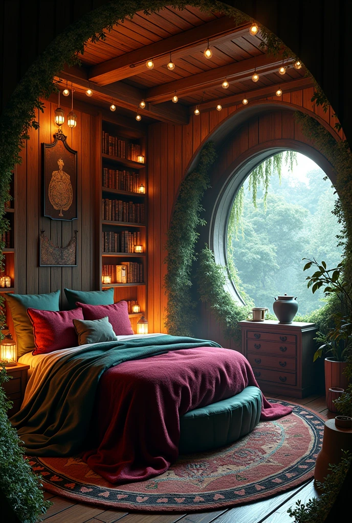{cinematic scene, 4K ultra-realistic rendering} A mystical, witch-inspired circular bedroom bathed in warm, magical light. The round bed is draped in rich, deep burgundy and dark forest green blankets, surrounded by soft pillows. The wooden beams of the ceiling are adorned with hanging lanterns and dimly glowing orbs, casting an eerie yet cozy light. The walls are lined with tall bookshelves filled with ancient, leather-bound books and mystical artifacts. Overgrown vines and glowing mushrooms creep along the walls and floor, adding a touch of nature's magic. A small cauldron bubbles gently in one corner, and a charming tea spot with a rustic kettle and cups sits nearby. The floor is covered with thick, plush rugs, and the walls are decorated with dark, enchanted symbols and mystical runes. The room feels like a secret, magical retreat, perfect for a witch's sanctuary. {Shot with a 35mm lens, warm ambient lighting, soft focus} {Art inspired by dark fantasy, enchanted forests, mystical realism}
