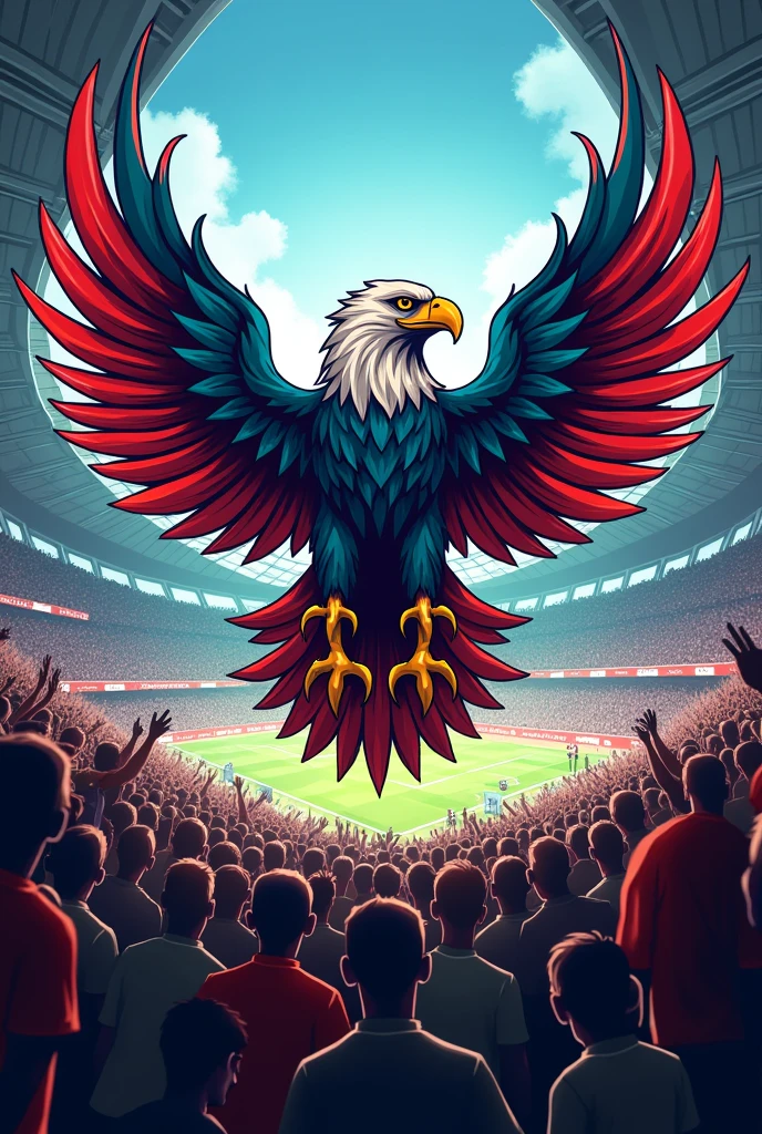 Soccer team crest with a brightly colored eagle that says Panama-507 stadium full of people.