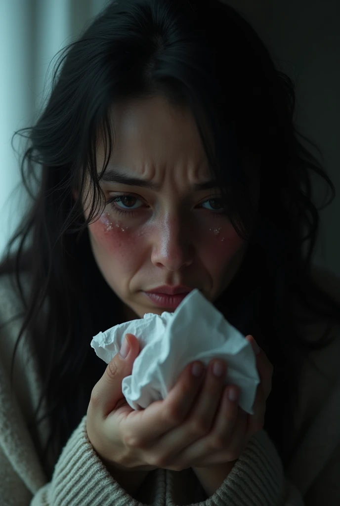 woman crying, looking at white handkerchief with some blood stains