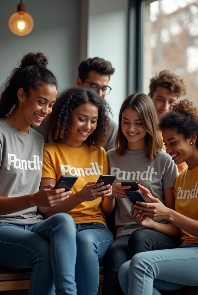 Several people together with the shirt saying pandlr members using their cell phones at the same time 