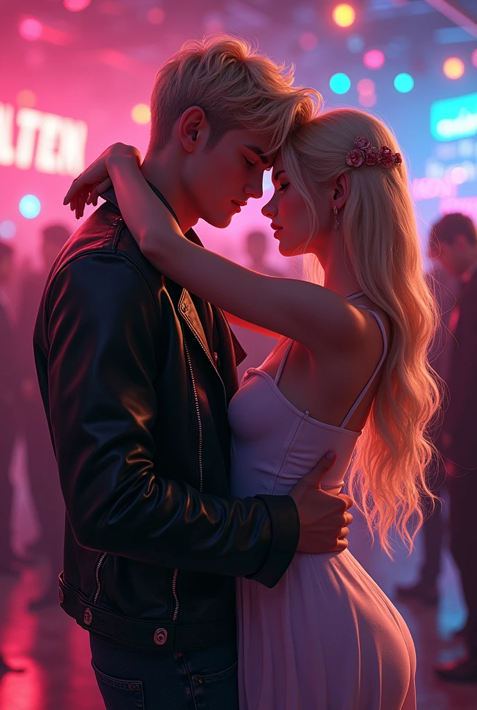 A blonde girl has her arms crossed around the neck of a boy who is an Angel who has his hands on her waist, She has a short dress and he has a leather jacket, They are in a disco and the boy is strong, She has some beautiful stumps