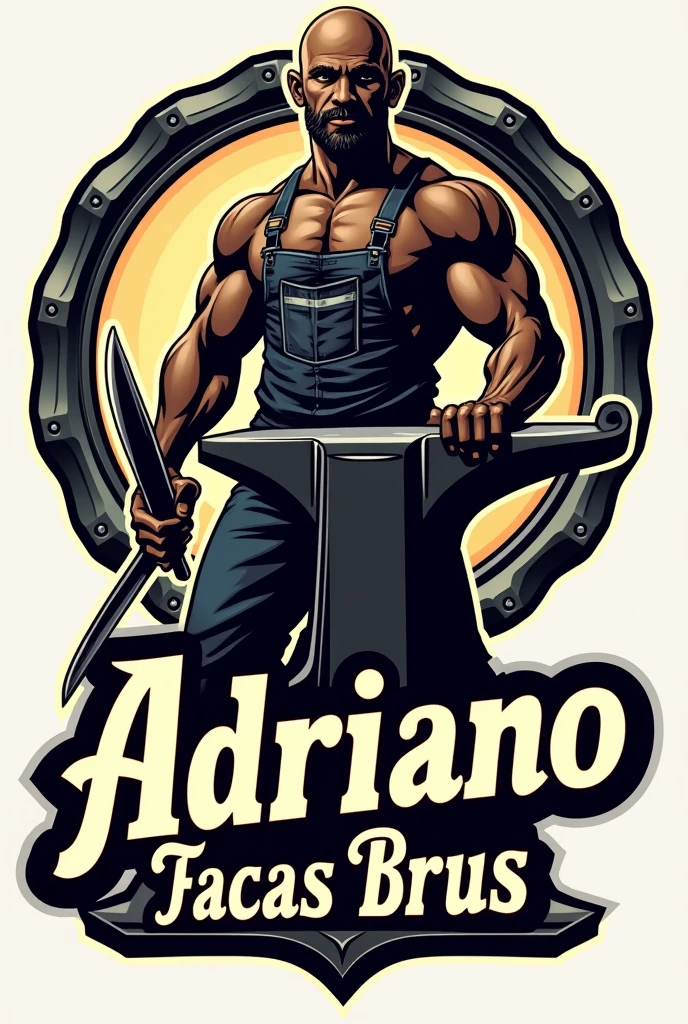 Make a large logo in the shape of an anvil written in Portuguese Adriano facas brus, with a bald black man who doesn't have a beard and is strong, wearing a uniform or jeans holding a knife in one hand and a hammer in the other