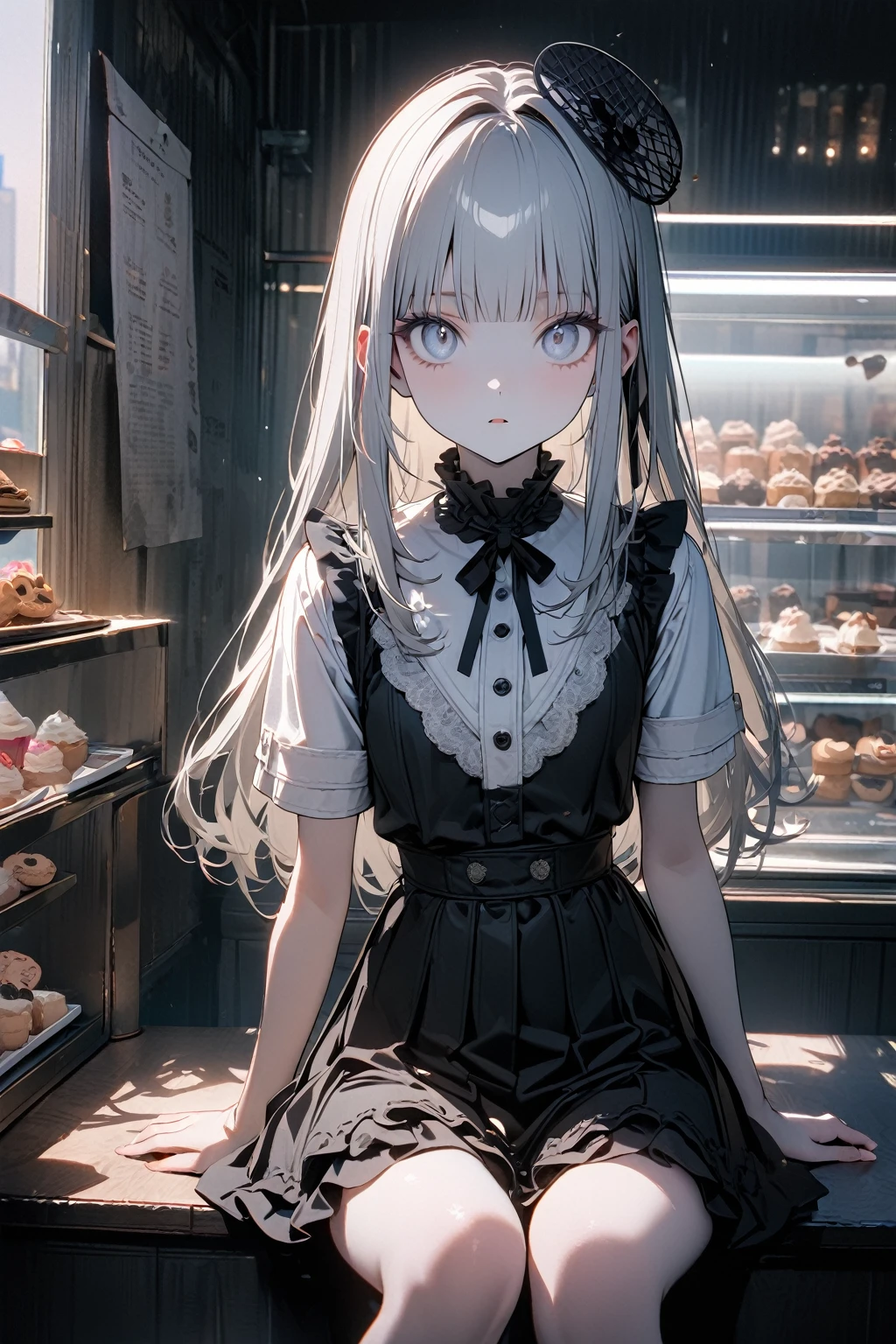 (8K, best quality, master piece: 1.2),super high resolution,1 girl,solo,,ultra-detailed face,detailed eyes,silver eyes,blunt bangs,silver hair,Straight hair,Long hair,pale skin,white short sleeve petal collar blouse,black tiered skirt,black Fascinator,expressionless,lash extension,parted lips,rim light,perfect hands, perfect fingers,eatinga softcream topped with cat-shaped cookies,Looking at viewer,Sitting,indoors Icecream shop
