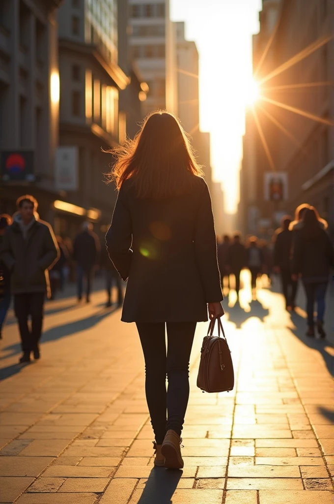 Photo of a walk in the city of Buenos Aires, a sunny winter day, where my face is not seen, only shoes or brown hair.