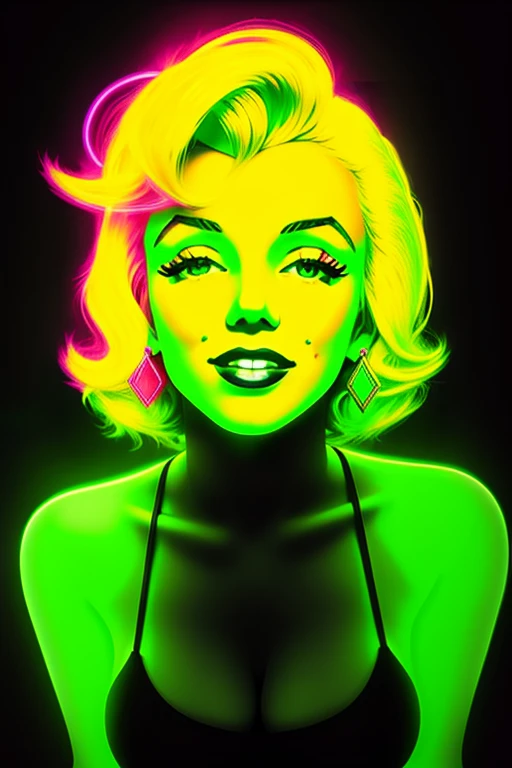 Hay hay Marilyn Monroe, neon blonde hair, standing, 3D neon art of a woman's body., black neon background, cyberpunk femme fatale, seductive cyberpunk dark fantasy, cyberpunk strip clubs, cyberpunk 20 years. o model girl, cyberpunk oppai, flag, high definition cg society, cg society masterpiece, trend on cgstation, kda, random hair, looking to the camera, giant breasts, neckline, (very detailed skin:1.2), 8k hd, DSLR, super lighting, high quality, film grain, High resolution, Very detailed, Hyper realistic, beautiful face, beautiful body, beautiful eyes nose lips, seductive expression, very daring, superior visible, Full body photo, standing legs apart, Pale skin, translucent and shiny, most beautiful face, Beautiful, (well defined pubic hair:1.2)), (dark plain black background:1.4))