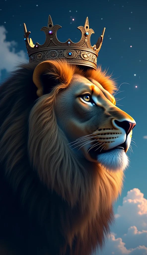 Create an ultra realistic 8k image of the face of a big and beautiful strong lion looking at the night sky with a king's crown on his head