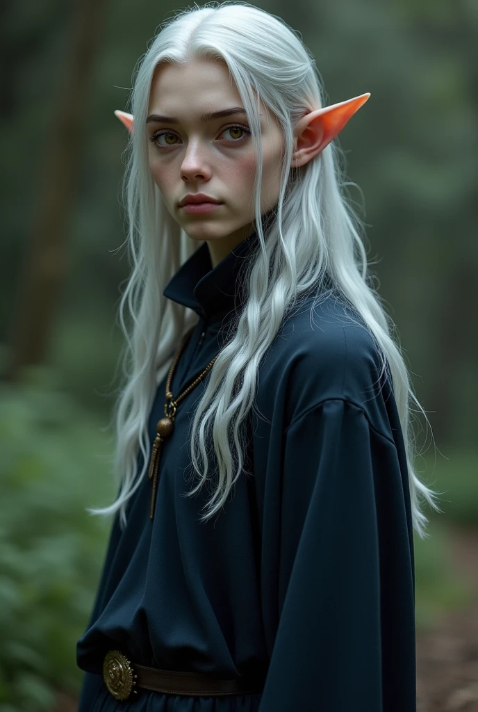 species: male elf, Apparent age: young adult, but with features that suggest longevity, Height: average, cerca de 1,75m, with a slim and slightly defined physique, muka: Large, expressive golden eyes, transmitting wisdom and melancholy. Generally neutral or distant expression, body hair: far away, reaching the shoulders, slightly disheveled. Silver color, with a fringe falling over his eyes, Clothing: Long tunic in dark tones (navy blue or black)