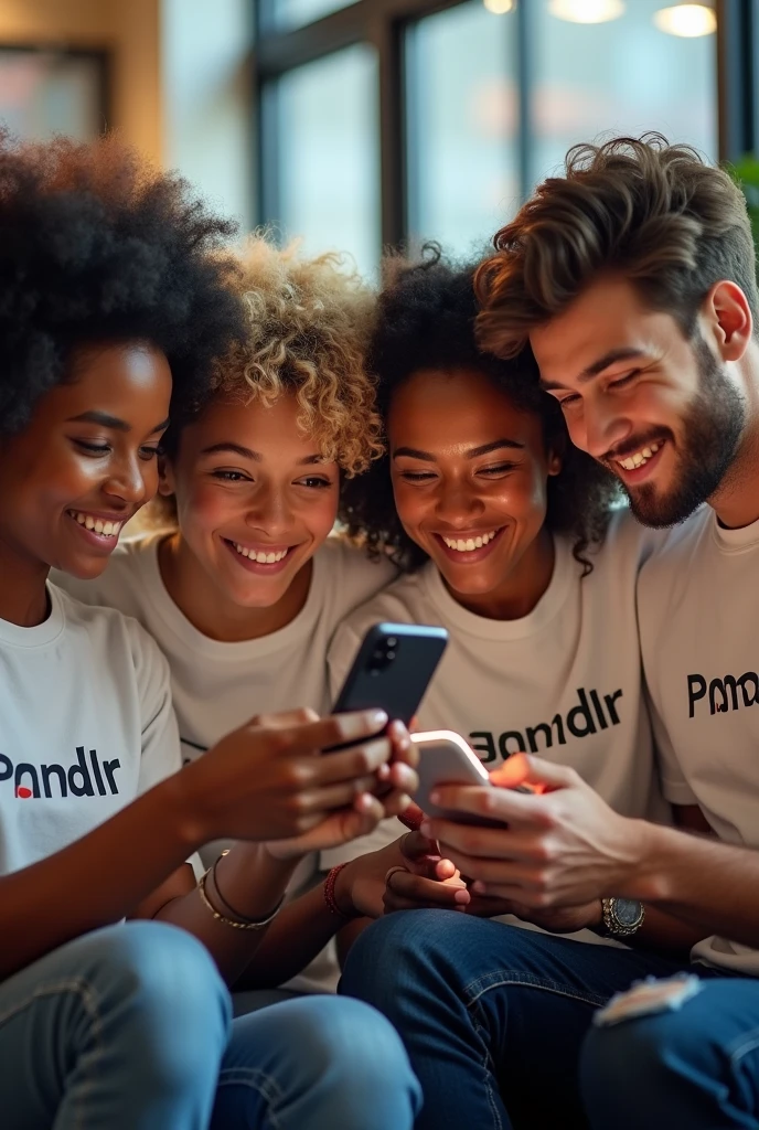Several people together with the shirt saying pandlr members using their cell phones at the same time 