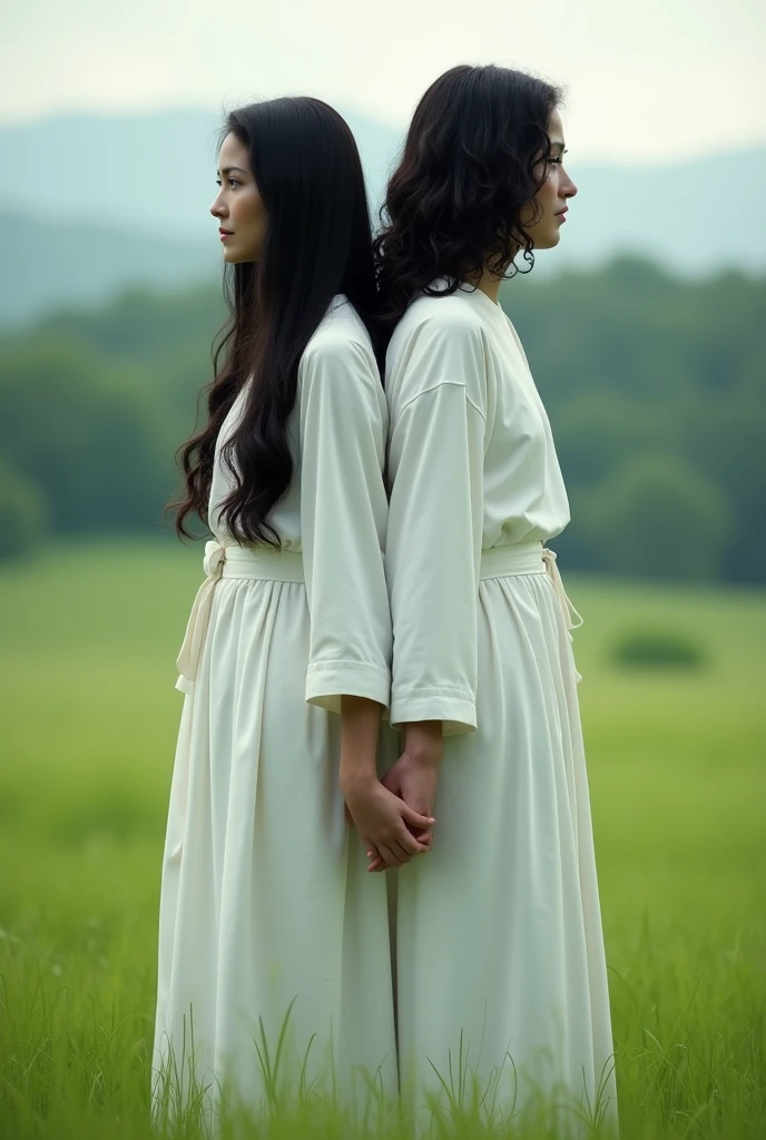 An image with Jesus, both of us back to back and in white in a field, I&#39;m a brunette with straight hair and curls at the ends., my hair is very black, I don&#39;t want to show our faces, I want the two of them back to back in a field and holding hands 