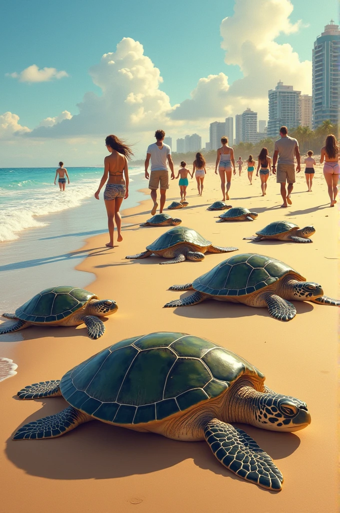 Invasion of sea turtles on Montevideo beach. People walking with turtles around 