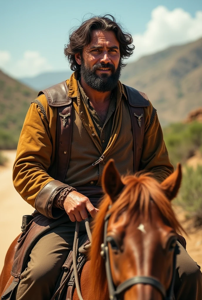 A brown guy with slightly droopy eyes,brown eyes and hair, with big cheeks .Riding a horse dressed in leather in the backlands of Bahia