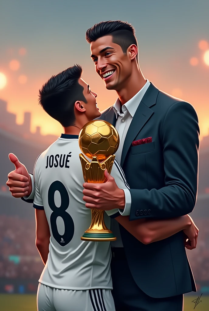 create an image of a player with the real Madrid shirt, straight black hair, with the real Madrid shirt with the name "Josué" and number 8, holding the golden ball with one hand and the other side has Cristiano Ronaldo and Josué hugs Cristiano with the other hand and Cristiano Ronaldo facing forward gives a thumbs up, Cristiano Ronaldo's height is 1.87, and Josué is 1.74 (Cristiano Ronaldo's clothes: a suit) (Josué's clothes: shirt from real madrid)