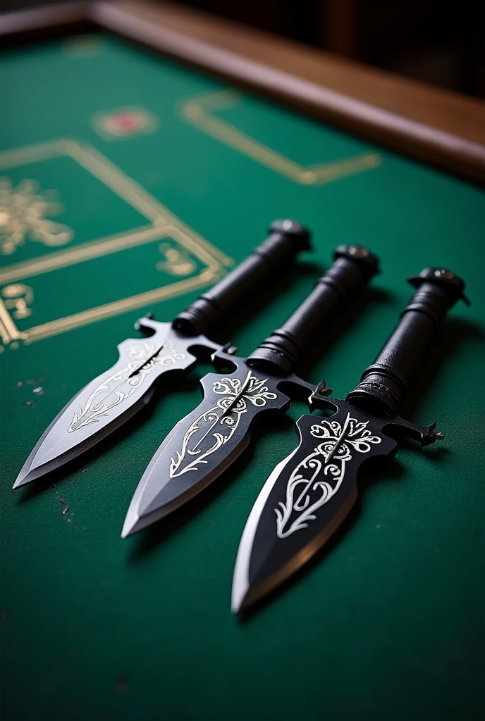 A set of rogue throwing knives on a poker table. The handle is wrapped in black leather and the blade is black steel with white flourishes.