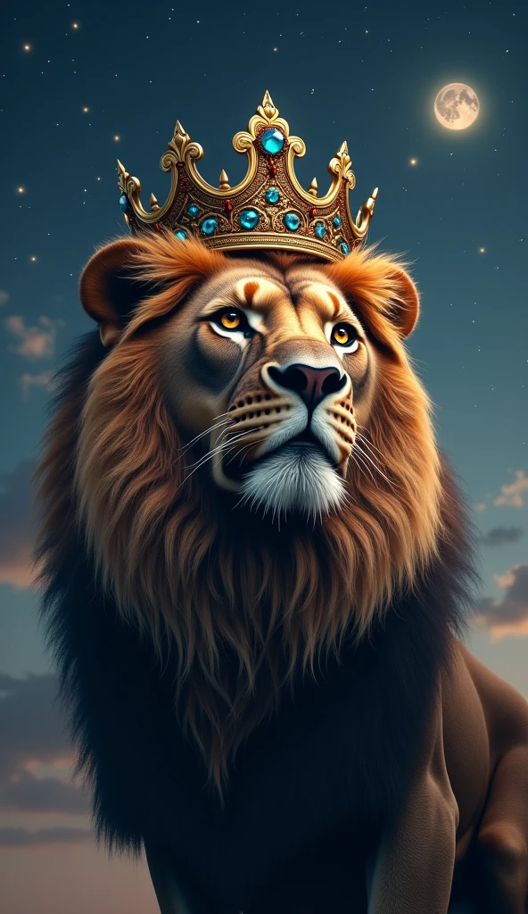 Create an ultra realistic 8k image of the face of a big and beautiful strong lion looking at the night sky with a king's crown on his head