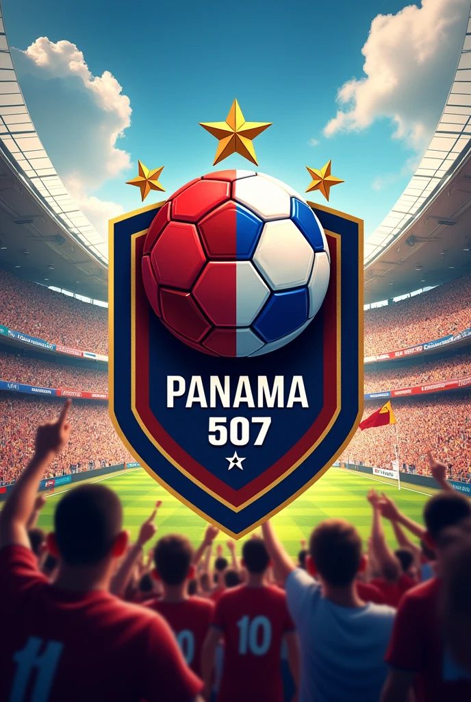 Soccer team crest with a brightly colored soccer ball that says Panama-507 stadium full of people.
