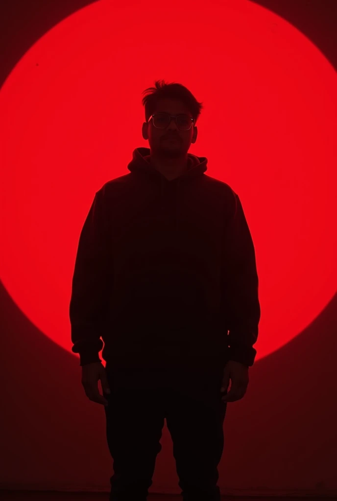 21 year's Bangladeshi boy wears black clothes and glasses, with a light fat body and a red light behind his body