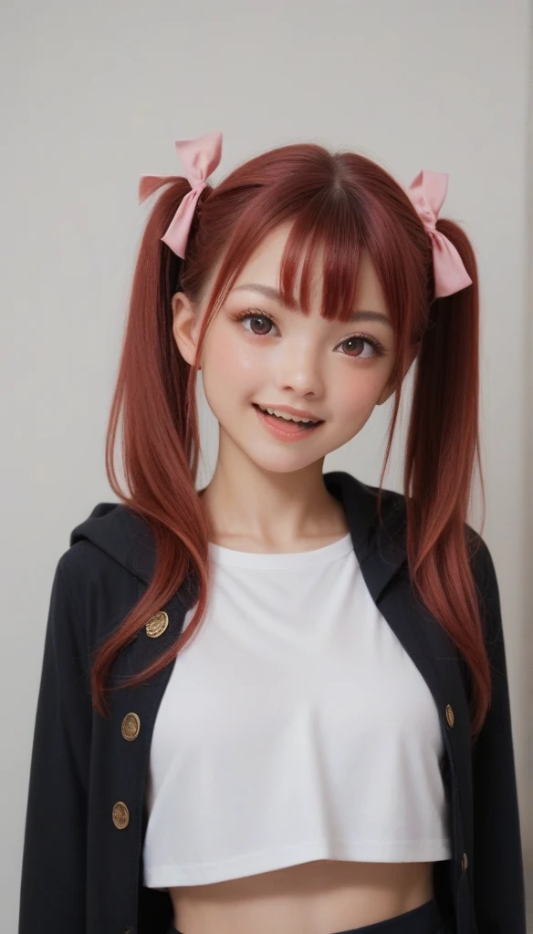 UltrarealismAccuracy, textured leather, Realistic anatomy,similar to Lyvlas 1 girl,schoolgirl, Breasts, blushing, twintails, ruby hair, bang, bang на глаза, front view, looks at the viewer, Smile, open mouth, Double tails, hair ribbon, Hood thrown back,schoolgirl uniform,anime style