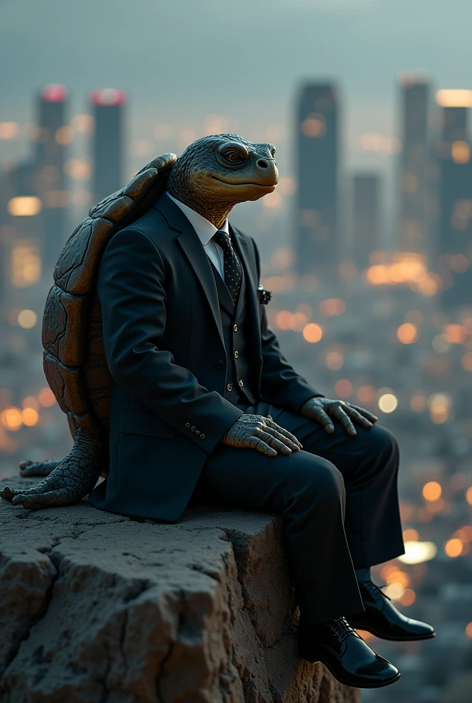 Mr. Turtle in a fancy black suit sitting on a mountain looking towards the city of angels