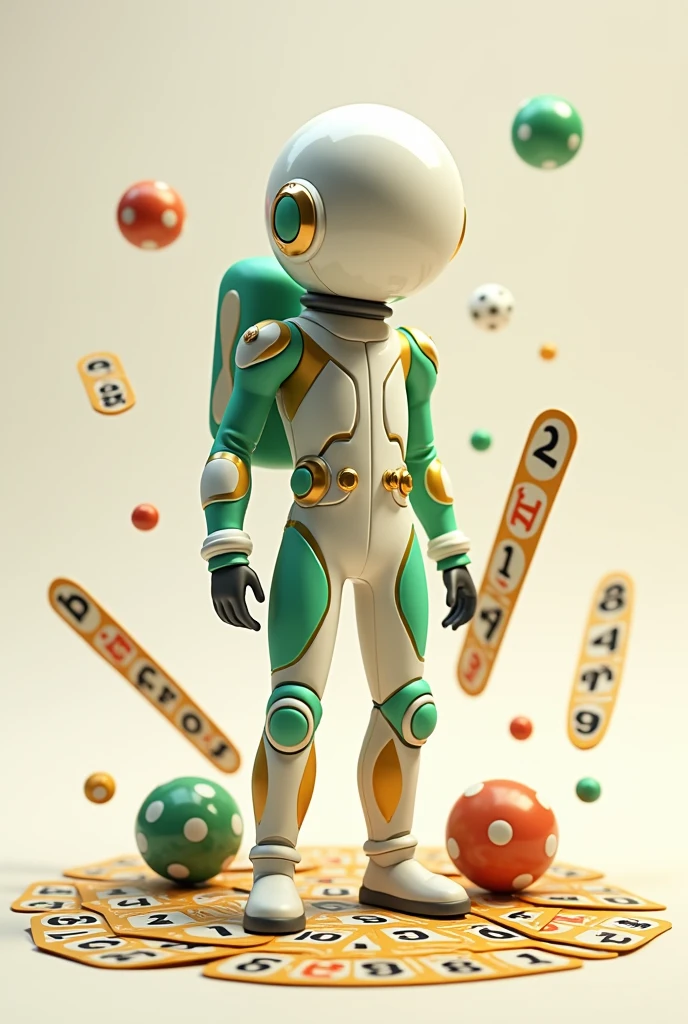 White, green and gold animated astronaut without a face and a lot of style with bingo chips and boards