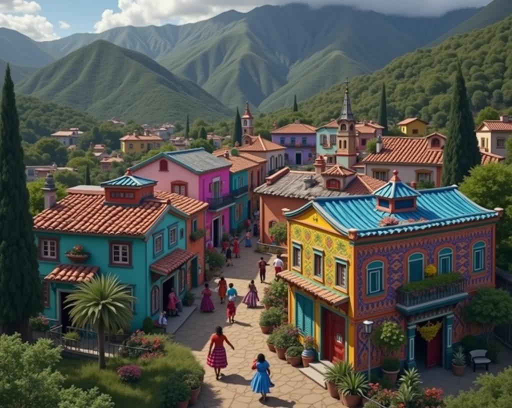 Recreate this village with bright and vivid colors. Get inspired by the towns of Merida Venezuela.