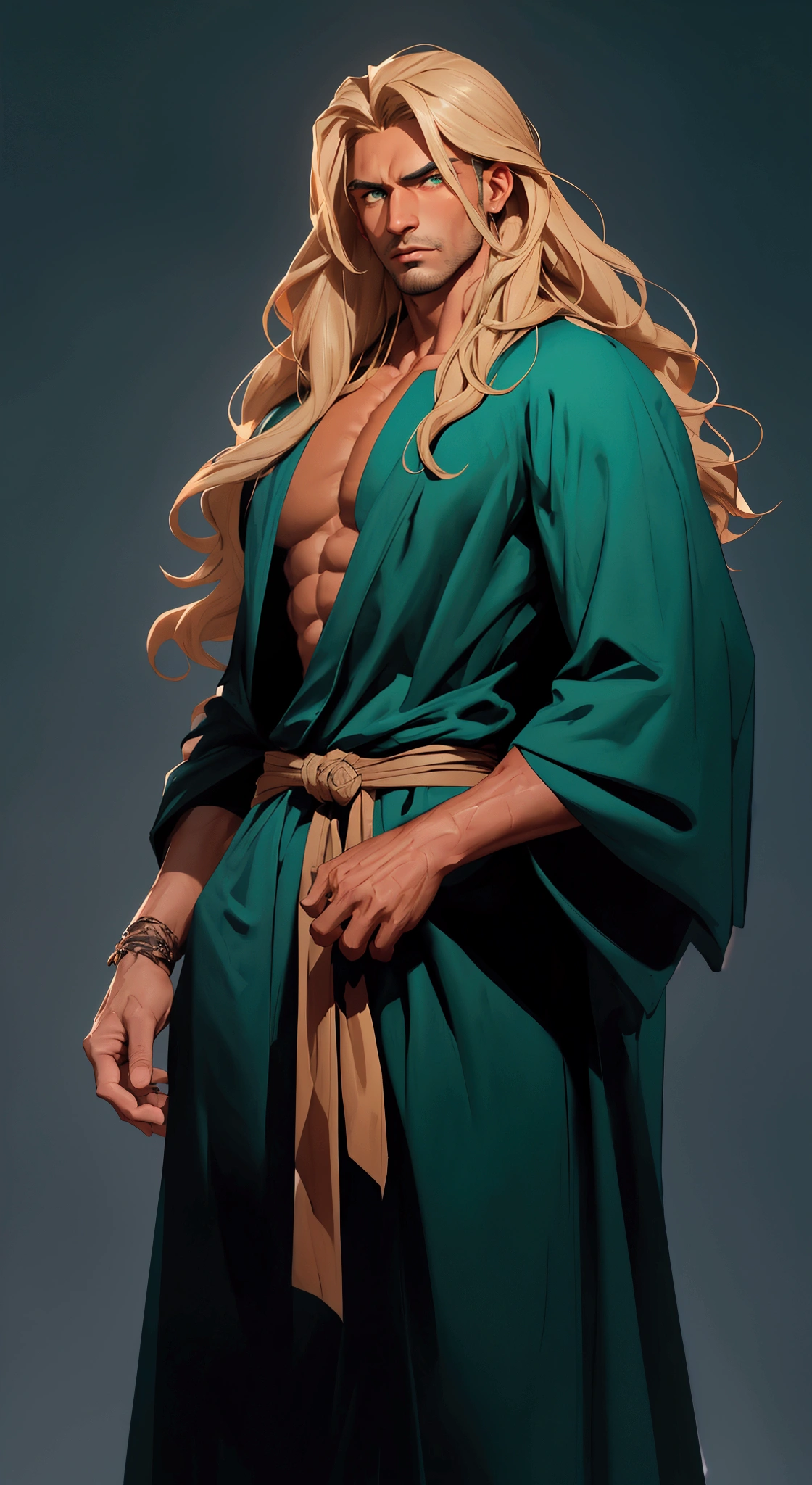 envision a 8k, highres, cinematic full body design sheet of an man named Shaddiq Zenelli with a strong face, dark tan skin, sleek body, no facial hair with long wavy blonde hair, and dark green eyes wearing a open blue robe showing his chest and baggy sweatpants against a dark gray background