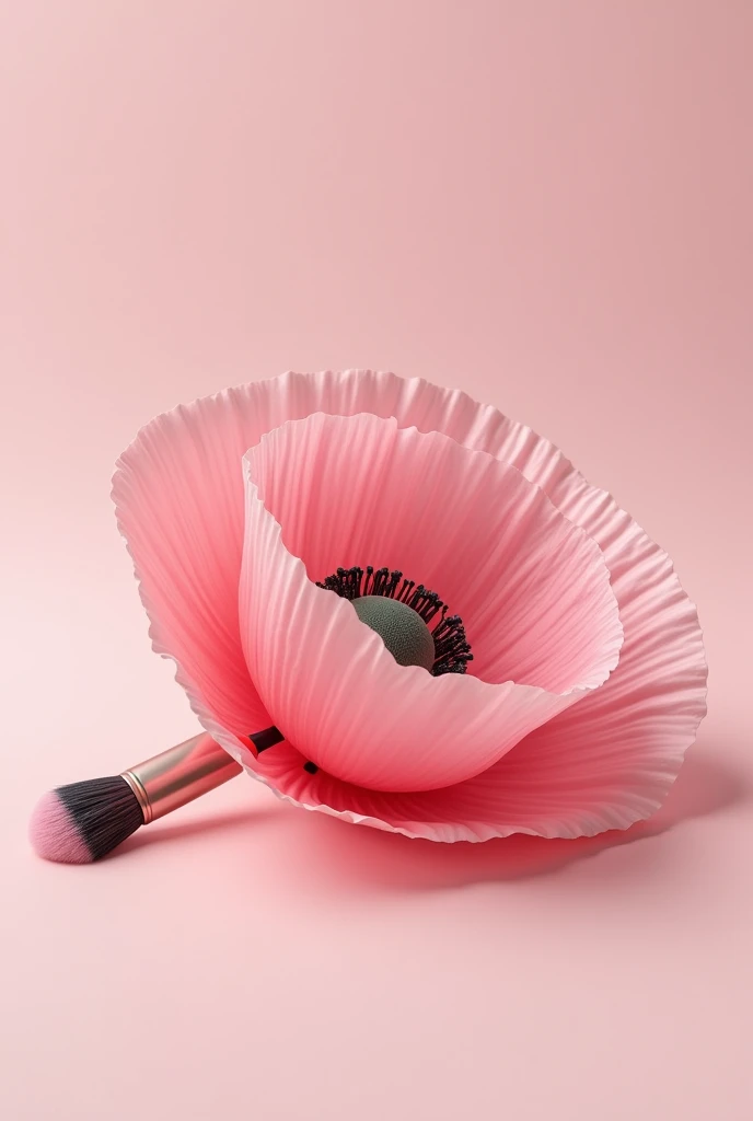 makeup brush fused in the middle of a pink poppy flower lying down without a background