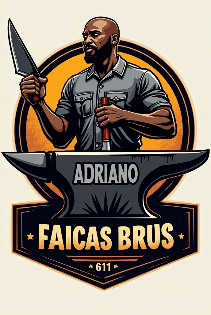 Make a large logo in the shape of an anvil written in Portuguese Adriano facas brus, with a bald black man who doesn't have a beard and is strong, wearing a uniform or jeans holding a knife in one hand and a hammer in the other