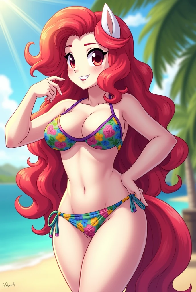 My Little Pony, (Anthro with pony head), Bikini, very colourful picture, sun rails, big , cute style, big ite body, long curly red hair, red eyes, (self-confident and cool pose), anime eyes, wet panties on puss