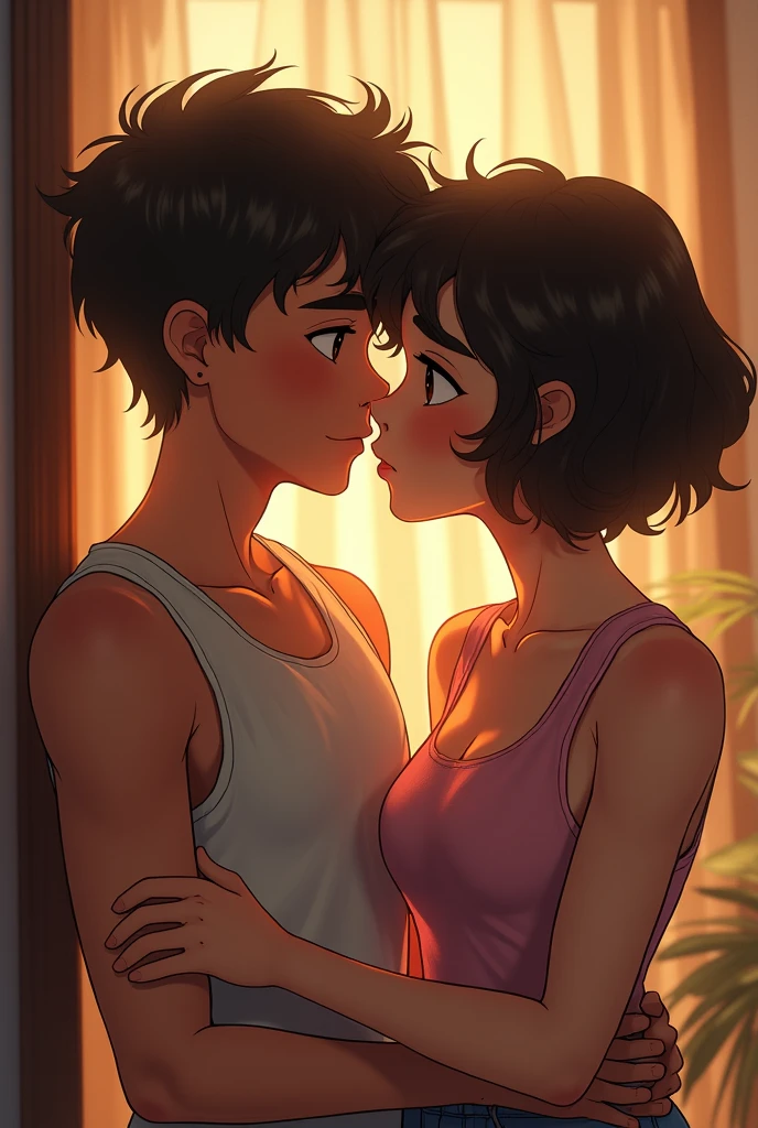 boyfriends, girl with short curly hair and skinny boy in tank top with eyebrow piercing
