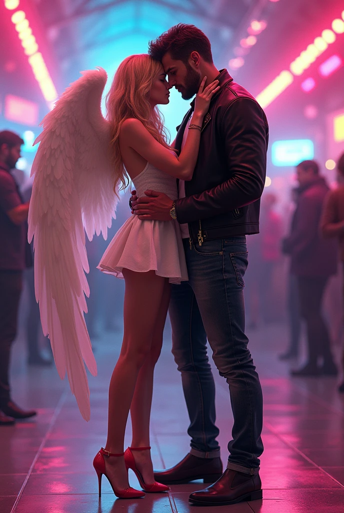 A blonde girl has her arms crossed around the neck of a boy who is an Angel who has his hands on her waist, She has a short dress and he has a leather jacket, They are in a disco and the boy is strong, She has beautiful heels. The boy is the Angel