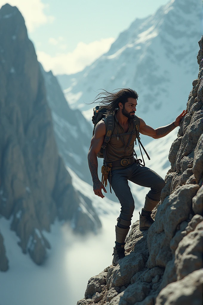 **Facing Obstacles on the Mountain**: Ali encounters obstacles on his climb—a steep rock face, strong winds, and jagged stones. Despite these challenges, he carefully maneuvers, using his hands and feet to find secure grips, showing his perseverance.3d animate