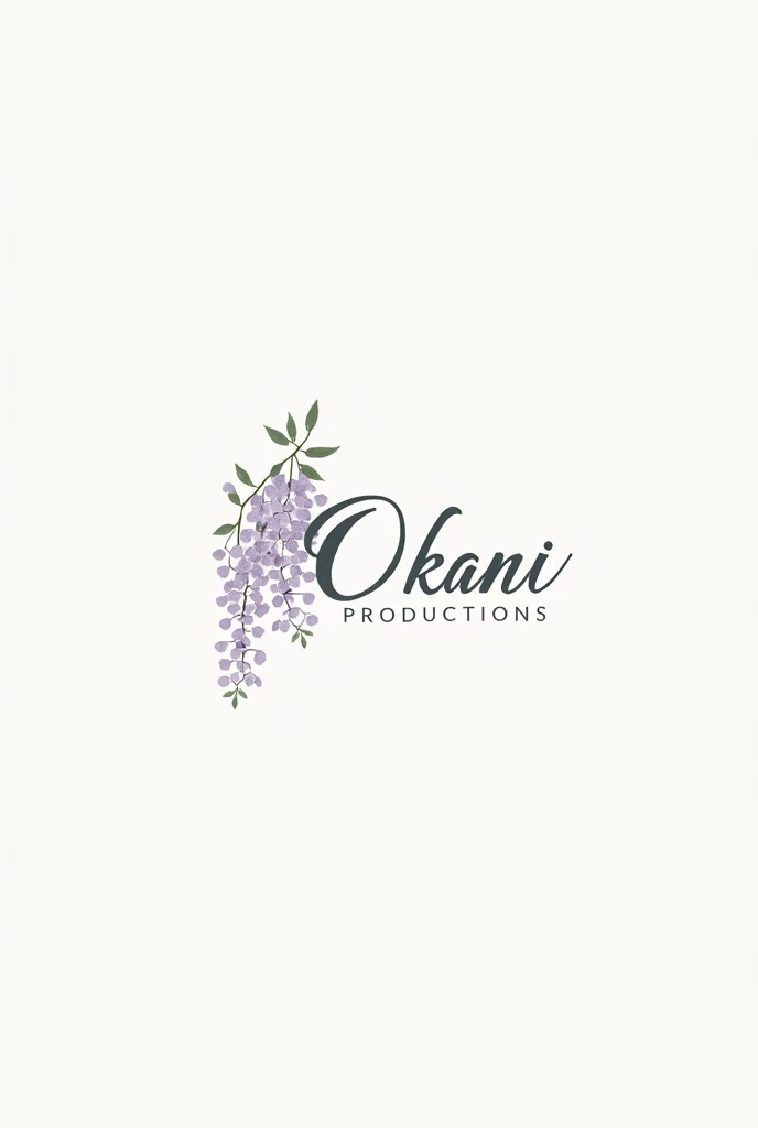 Logo for photography business named Okami Productions. Include a minimalistic wolf, business name, and wisteria flowers in the logo.