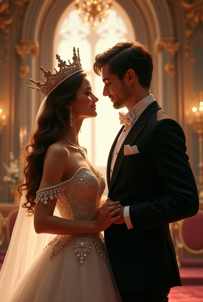 A woman with brown curly hair wearing a crown and marrying a man with straight dark hair wearing a black suit 