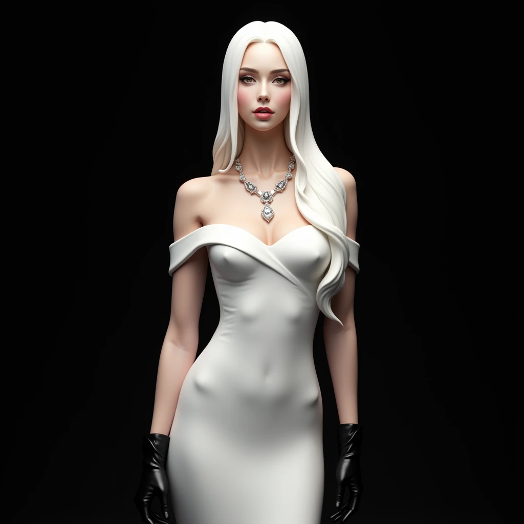 A woman with long straight white hair,She will wear an elegant white off-the-shoulder dress and will wear a diamond necklace and black gloves.,I want her standing showing her entire dress, I want the black background
