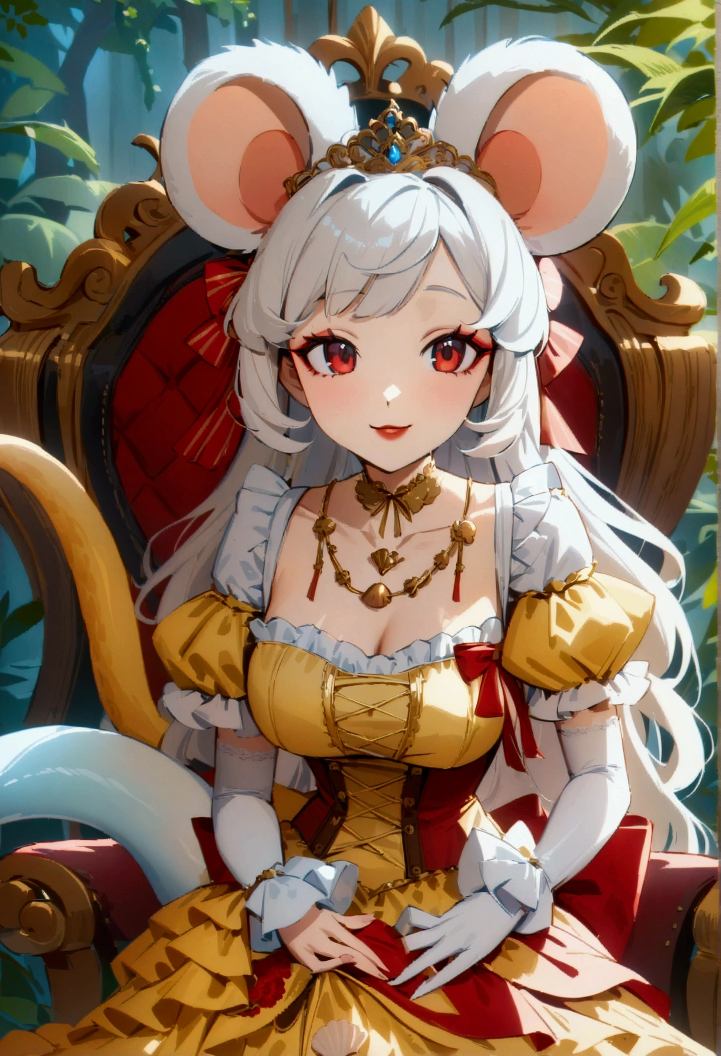 (best quality,4k,8k,highres,masterpiece:1.2), ultra-detailed, Pretty anthropomorphic mouse girl has a princess, drawn in anime style, steampunk, wearing a yellow princess mermaid gown with puffy sleeves, steampunk, gorgeous frilly dress design,flowing gown,elaborate lace details,rich textures,contrast stitching,delicate ribbon bows,floral accents, flowers embroidery, full skirt,short sleeves,fitted waistline,flared cuffs,lace-up back,luxurious fabrics,flawless silhouette, long curly white hair and red eyes, white fur, smiling, mouse ears and tail, high heels, white elbow gloves, gold bracelets, tiara made of seashells, red lipstick, eyeshadow, seashell necklace, sitting elegantly on a throne.