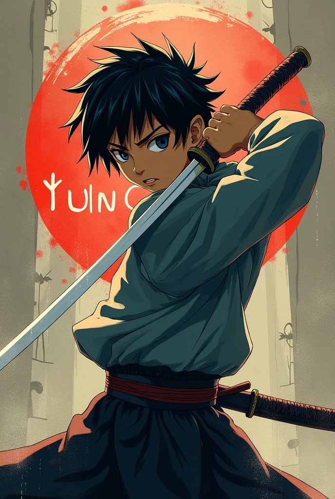Young man with black hair and a katana in anime style and in the background the word“ YUNOSTERI“
