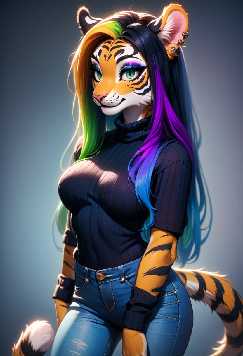 digital_media_(artwork) hi_res, score_9, score_8_up, score_7_up, score_6_up, score_5_up, score_4_up, rating_safe, beautiful, intricate, high quality details, highly detailed, amazing quality, anthro, furry, female, detailed textured fur, fur tufts, fluffy, slim, slender, cute, small, detailed sexy eyes, solo, SFW, tiger, long sweater, baggy denim jeans, long hair, multicolored hair, streaked hair, absurdres, highres, goth, heavy eyeliner, heavy eye shadow, breasts,
