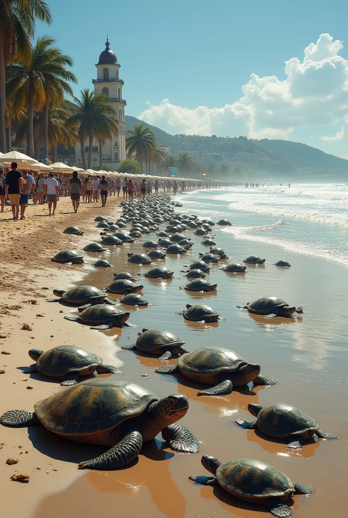 Invasion of sea turtles on Montevideo beach. People walking with lots of turtles around 