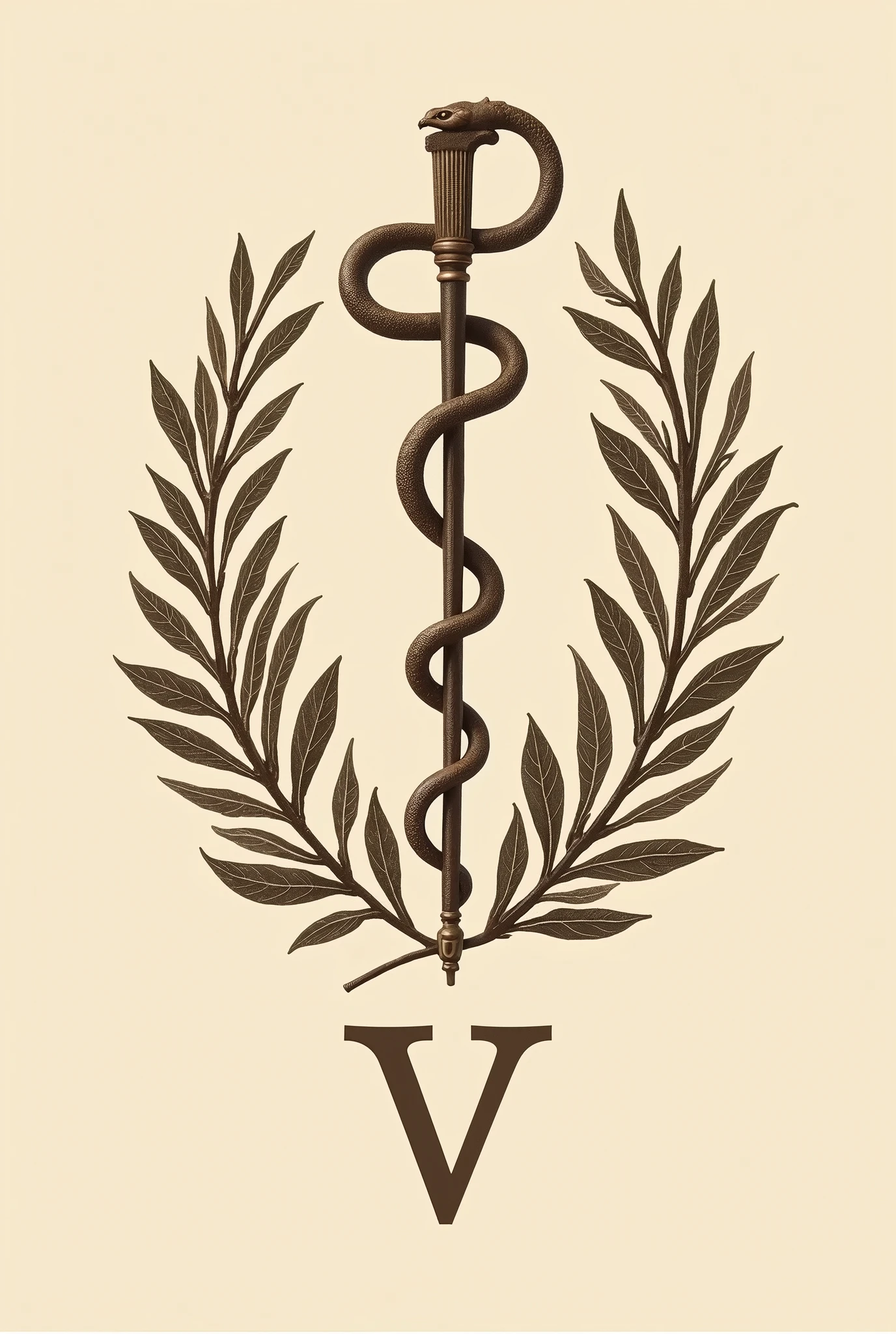 Asclepius: The serpent wrapped in a healing and medicine stick. On the coat of arms of veterinary medicine, a serpente pode aparecer em volta da letra V
Ramos de oak tree e bay leaves: These branches usually surround the main symbol.., representing the force (oak tree) and victory (bay leaves).
With the letter V at the bottom.
All in beige color
