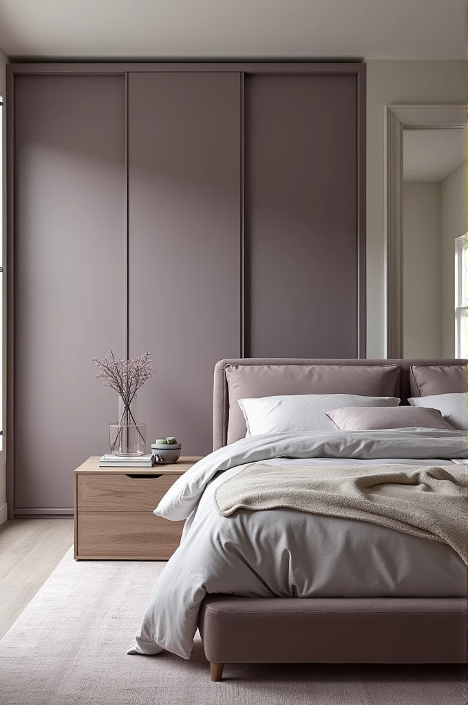 The modern double bed near the entrance to the room, It is complemented by a headboard covered in Suede, bringing a touch of classic elegance. The presence of the small Provençal bedside table to the right of the bed adds a traditional charm to the space..
The closet closed with frosted glass in lavender tones to the left of the bed and at the back of the room, not only maximizes storage space, but also adds a soft, sophisticated touch of color, maintaining the continuity of the neutral and elegant design. The frosted glass sliding closet door offers practicality and elegance to the space.