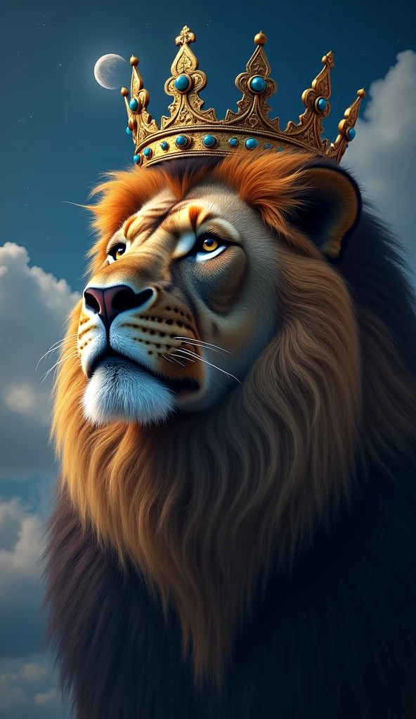 Create an ultra realistic 8k image of the face of a big and beautiful strong lion looking at the night sky with a king's crown on his head