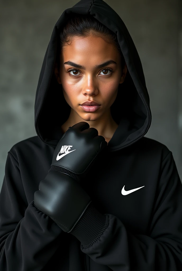 A Brazilian woman with a black Nike hoodie and gloves