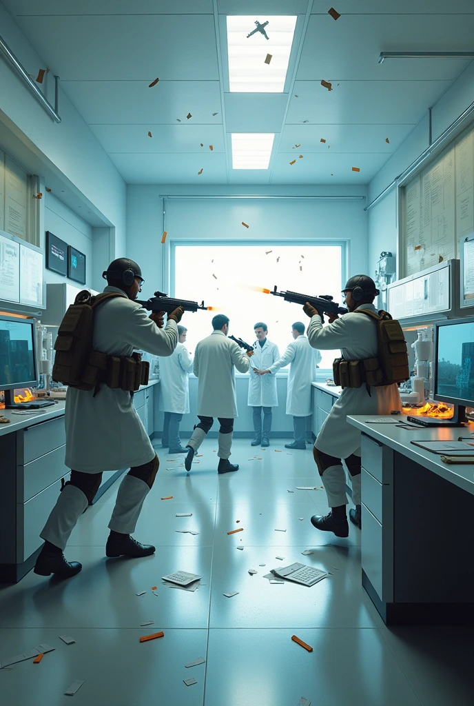 Mercenaries shooting scientists in a laboratory 