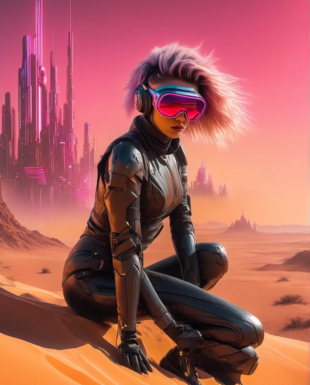 (masterpiece, 4k ,ultra detailed,raw photo:1.2),illustration,
(female character wearing goggles while sitting in the desert, in the style of cyberpunk imagery, realistic hyper-detailed portraits, womancore, metallic accents, outrun, hyper-realistic pop, angelcore --ar 73:128 --stylize 750 --niji 6.,,),
(simple background:black and yellow background1.4),
(symmetry:1.2),
(art deco:1.4),
(retro-futuristic:1.4),
(minimalism:1.4),
(clean:1.4),
(flat_color:1.4),
(cyberpunk,android:1.4),
CCDDA Artstyle