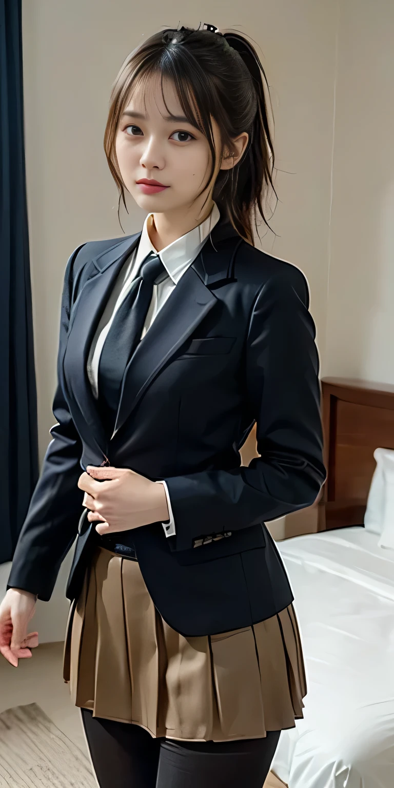 ulzzang -6500-v1.1, (Raw photo:1.2), (Photorealsitic), (Real:1.4), 1girl with、Very pretty girl、21years old、game_nffsw, Ocean Blue Eyes(eye detailed), Smile of shame、(strict suit fashion:1.3)、Doing work、(Ultra-realistic pantyhose:1.2), Curly hair、realistic skin textures、shinny skin、Exposed thighs!!! , make - up、eye shadow、