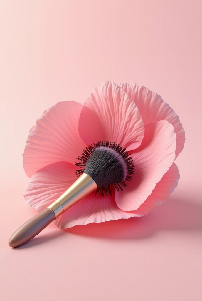 makeup brush fused in the middle of a pink poppy flower lying down without a background