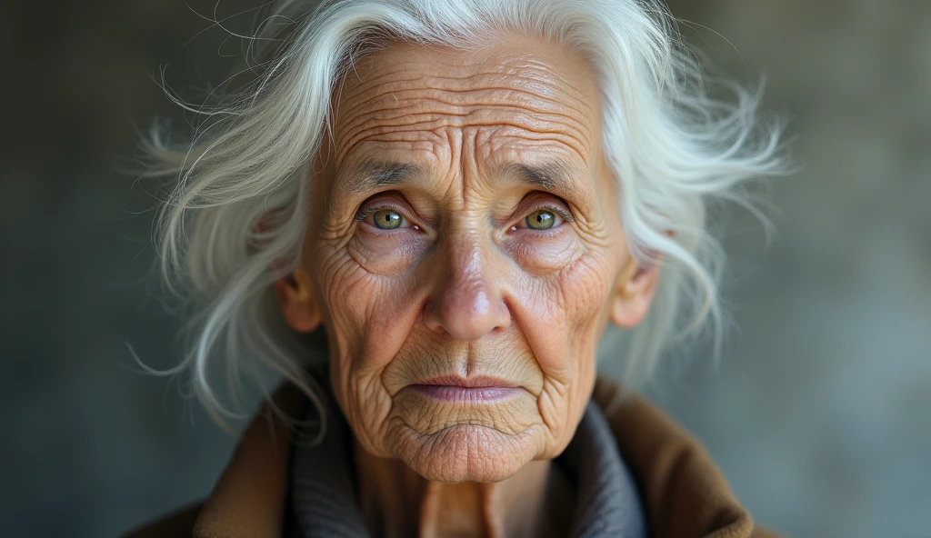 elderly woman with white hair, face picture