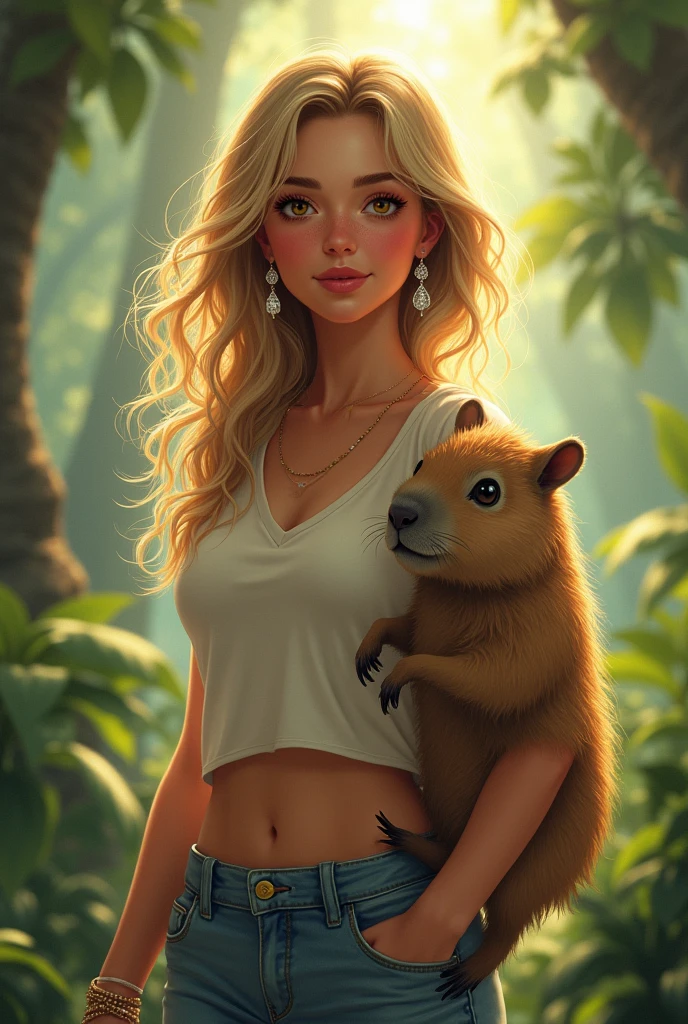 fanart of italian blonde, wavyhair, long silver earrings, rosy cheeks and nose tips, pet capybara traveling in the Brazilian Atlantic forest in light clothing, basic t-shirt and jeans, amber eyes